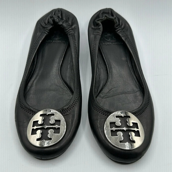 Tory Burch Reva Ballet Flats Leather Black Silver size 7 - Picture 1 of 7